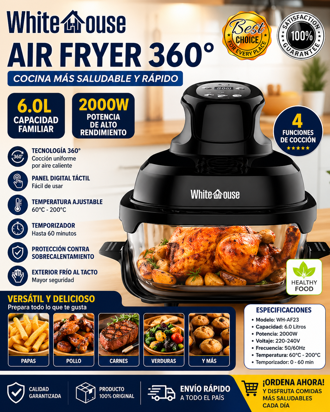Freidora de Aire de vidrio Modelo Ninja - White House WH-AF23 6 Litros 2000W