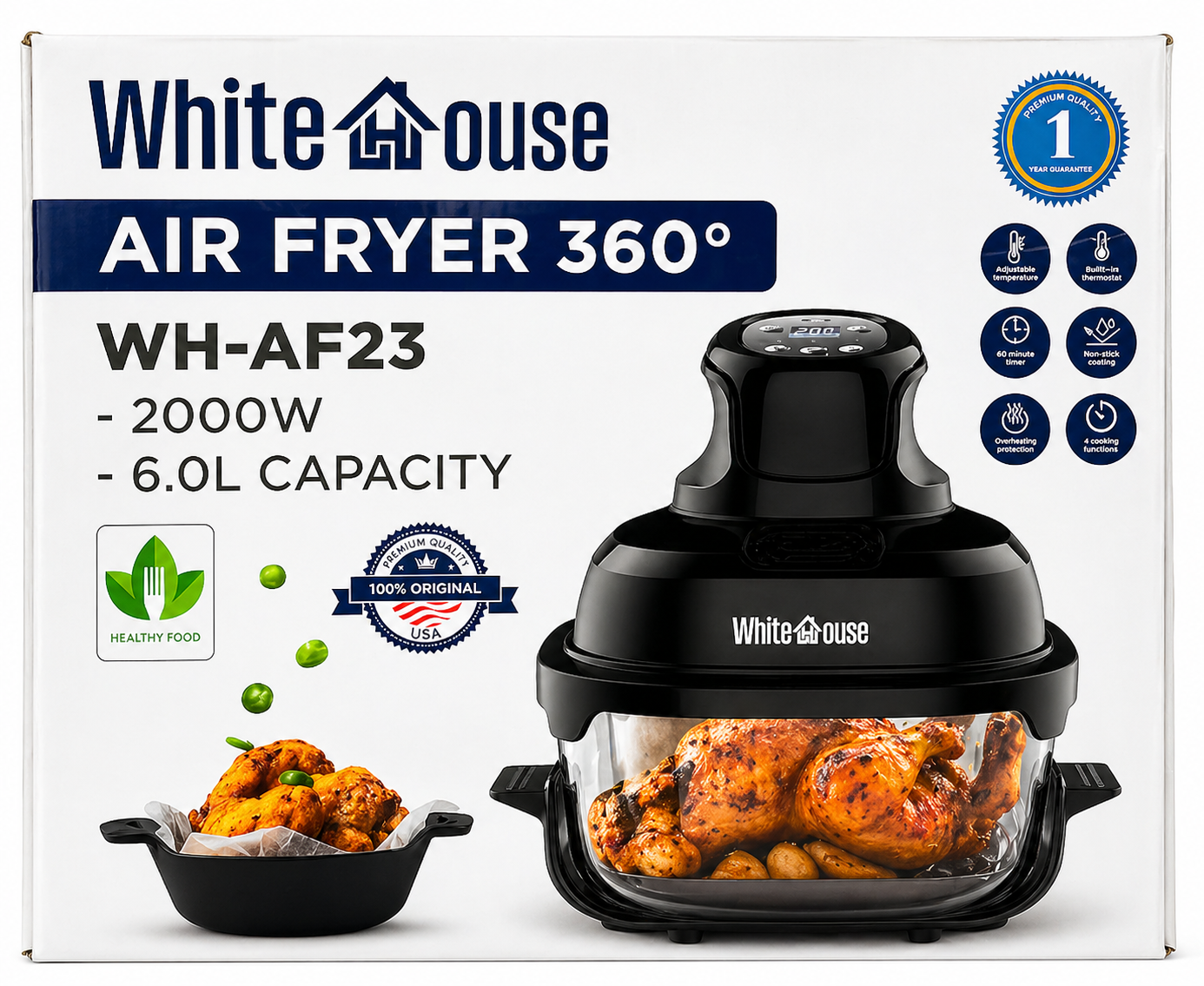 Freidora de Aire de vidrio Modelo Ninja - White House WH-AF23 6 Litros 2000W